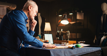 Man designer being under pressure, feeling frustrated about clothing items inspiration. Senior tailor trying to create luxury clothes, stressed craftsman failing to find perfect design.の写真素材