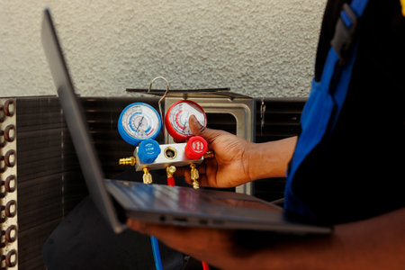 Seasoned mechanic restoring cooling capacity of air conditioning system by removing existing refrigerant, inspecting system for leaks and recharging with new freon to prevent damage to compressorの写真素材