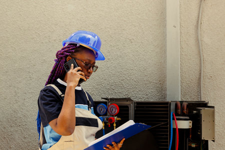 African american apprentice informing master technician over the phone about air conditioner parts...