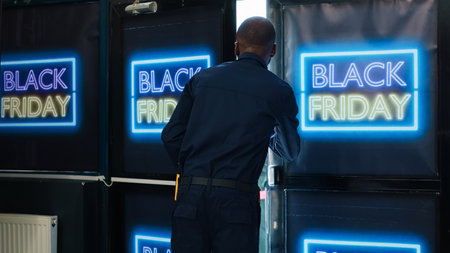 Security officer opening front door on black friday, finding crazy crowd of aggressive clients trying to enter first. Diverse shoppers breaking into clothing store to get best discounts.の写真素材