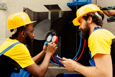 Meticulous wiremen expertly refilling freon in external air conditioner while using manifold measurement device to closely measure the pressure in HVAC system, ensuring perfect cooling performanceの写真素材