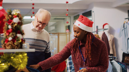Helpful retail assistant wearing santa hat during festive holiday season helping old man with best fitting blazer. Employee assisting customer in Christmas decorated clothing storeの写真素材