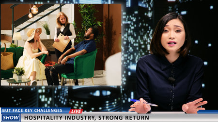 News presenter discusses tourism events and presenting new events in newsroom, talking about...