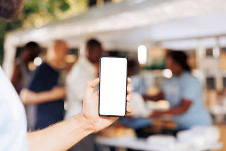 Photo focus on caucasian hand vertically grasping mobile device showing isolated mockup template at a non-profit food drive. Close-up of a person holding smartphone with white screen display.の写真素材