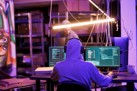 Hacker in headphones listening to music while cracking password on computer. Internet criminal in earphones planning online fraud and coding spyware in hideout place with neon lightの写真素材
