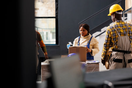 African american woman post office worker sealing parcel and preparing customer order for...