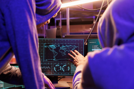 Hackers spying online and checking confidential data on computer screen. Two criminals in hoods...