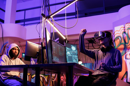 Hacker in vr glasses cracking password while breaking into online server in metaverse. Criminal...