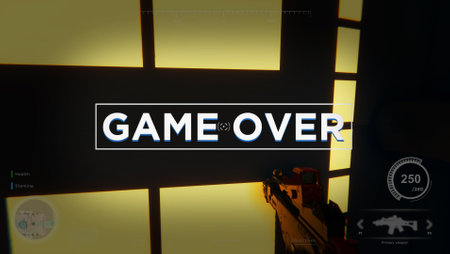 Gamer receiving game over screen, losing all health, failing to win level and beat enemies in first person shooter. Player defeated in science fiction singleplayer videogameの写真素材