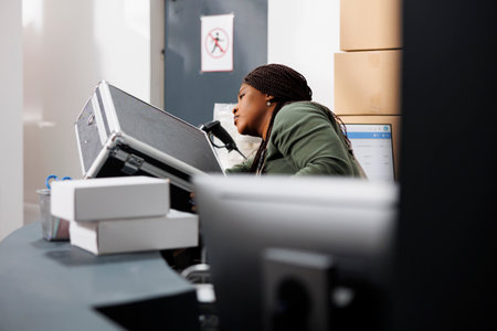 Stockroom supervisor analyzing metallic box, preparing customers orders in warehouse. Storage room manager working at products delivery during merchandise inventory in storehouseの写真素材