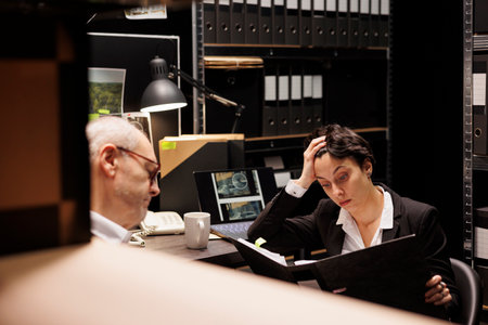 Overworked private detectives working at criminal case in arhive room, analyzing criminology...