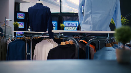 Black Friday special offers on clothes. Modern clothing items on sale with half orice discount in...