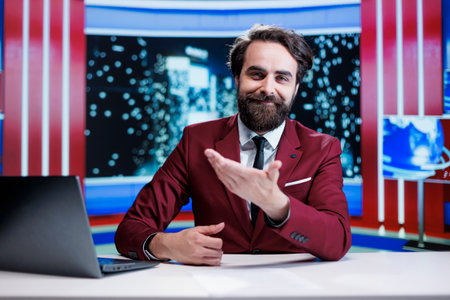 Analyzing articles in media center while transmitting live details on international networking platform. Male newscaster addressing all subjects and debating current events.の写真素材