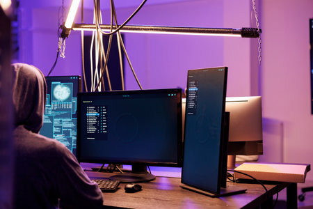 Hacker running malicious software on screen for cracking password. Malware code displaying on...