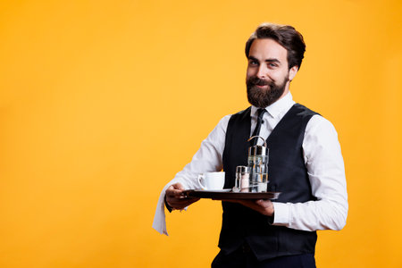 Elegant man butler holding tray to put salt and pepper on table at restaurant, carrying cup of coffee on platter for customers in studio. Professional luxurious waiter posing on camera.の写真素材