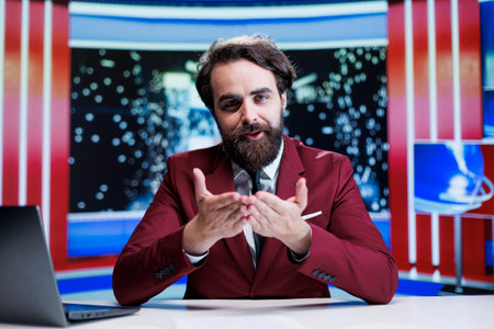 Talk show host addressing daily events in news studio, reporting live information about latest...