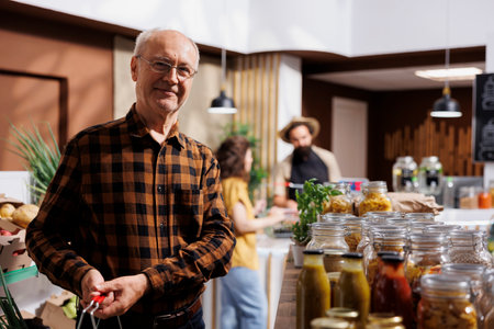 Portrait of old man looking for locally grown vegetables in eco friendly zero waste store. Senescent client doing grocery shopping, buying organic natural food items in local neighborhood storeの写真素材