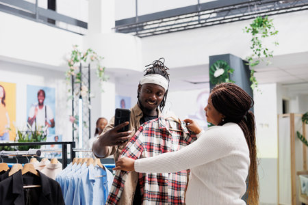 African american marketing specialists holding shirt and taking photo to post in store social media...