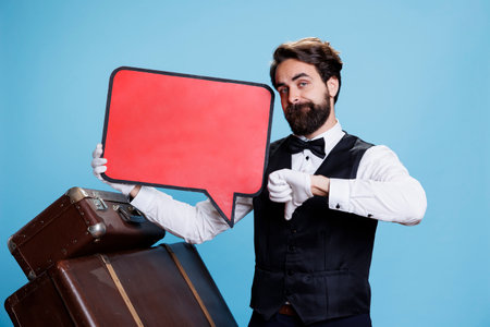 Classy bellboy with speech bubble icon gives thumbs down on camera while he tries to present advertisement on blank billboard. Hotel concierge uses red cardboard sign to express disappointment.の写真素材