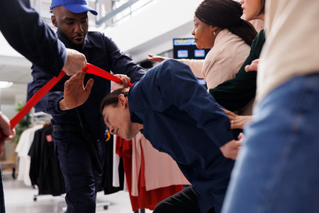 Crazy people shoppers rushing into local shopping mall to get the best Black Friday deals, African...