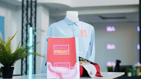 Clothes at promotional prices in retail store, black friday big sales and discounts in shop at mall....