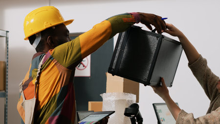 Diverse people checking computer list with orders, reviewing packages for shipping in warehouse depot. Team of employees inspecting stock merchandise from racks and shelves. Handheld shot.の写真素材