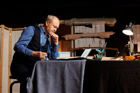 Senior suitmaker struggling to come up with ideas for bespoken sartorial collection, looking online...