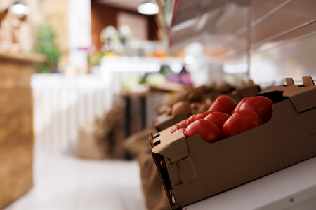 Local sourced produce on shelves in zero waste market. Bio and nutritious vegetables grown...