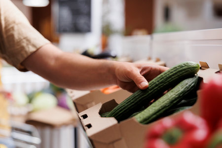 Trader fills up crates on zero waste shop shelves with homegrown decomposable vegetables from his greenhouse. Storekeeper restocks local neighborhood store with food items, close up shot on cucumbersの写真素材