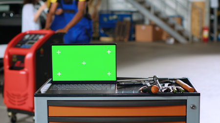 Green screen laptop placed on working bench in busy garage next to professional tools while mechanics walk around in blurry background. Chroma key device in auto repair shop, close upの写真素材