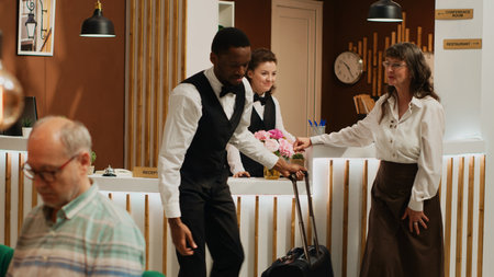 Senior guest arriving at hotel with room reservation, bellboy offering luxury concierge services and...