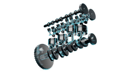 Close up detailed fully textured 3D render over white background of diesel engine car equipment with pistons, cranks, valves and other mechanical components offering high performanceの写真素材