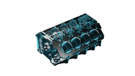 Close up detailed fully textured 3D render over white background of automobile diesel engine block...
