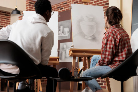 Young diverse people students looking at canvas with vase sketch, develop skills in line and shape...