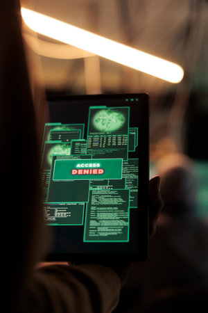 Access denied message on digital tablet, hacker failed database hacking, unsuccessful password cracking. Cybercrime, internet criminal using malicious software, stealing data at night timeの写真素材