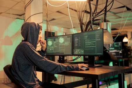 Woman thief trying to hack computer system at night, using code to break into security server....