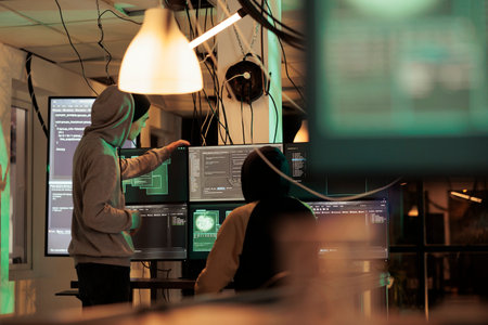 Diverse men working together to break security server, planning data breach with malware and trojan...