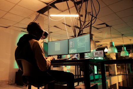 Male hacker working to hack server with vr 3d headset, planning cyberattack with virtual reality at night. Young adult causng computer malware, using interactive glasses, cyberterrorism.の写真素材