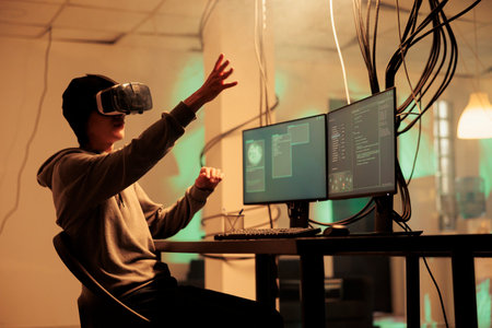 Hacker coding malware in vr glasses, hacking database in metaverse, stealing privacy information, data breach. Cyberattack in virtual reality, internet criminal breaking into online serverの写真素材