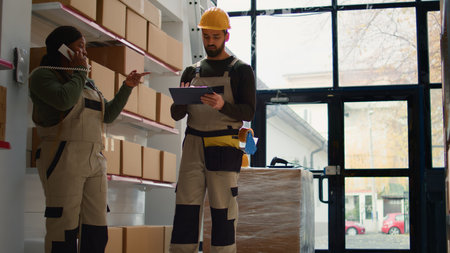 Chief supply chain officer and employee preparing warehouse orders for delivery, receiving phone...
