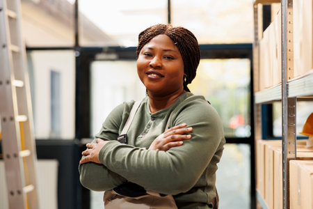Smiling storehouse employee standing with arm crossed looking at camera while working at products inventory. African american manager preparing clients order before strat delivery packagesの写真素材