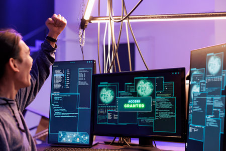 Hacker celebrating access granted to computer system and doing illegal activities. Young asian man raising fist in victory gesture after hacking database successfully in abandoned warehouseの写真素材