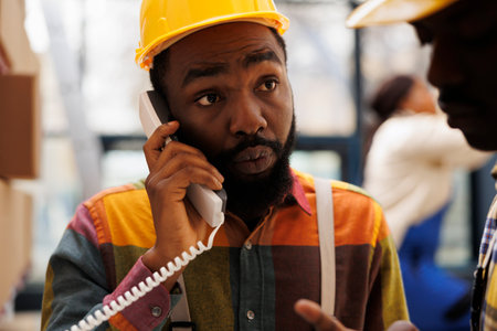 African american man talking on landline phone in industrial storehouse. Factory warehouse operator answering supervisor telephone call and listening to inventory management instructionsの写真素材