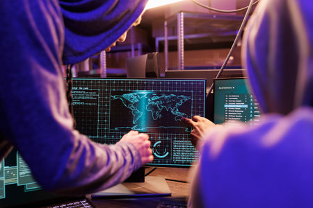 Hackers using spyware on computer screen while working together. Two criminals in hoods cracking...