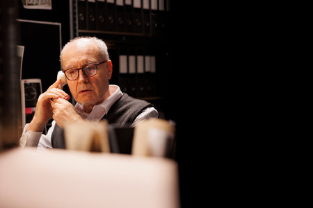 Elderly investigator discussing criminal case with remote officer using landline phone, working late...