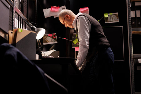 Private detective analyzing mysterious crime scene evidence, working overtime at solution to catch suspect. Elderly police officer reading confidential federal information in arhive roomの写真素材
