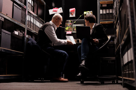 Elderly police officer examining crime evidence files, discussing criminology report with   agent....