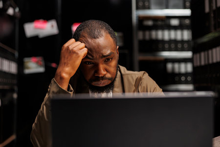 Overworked policeman with headache working late on laptop, analyzing clues. Exhausted investigator...