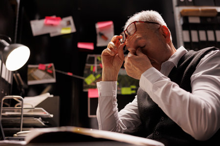 Tired elderly investigator working overtime in arhive room, analyzing criminal case evidence. Overworked private detective sitting at desk, checking mysterious suspect profile. Investigation conceptの写真素材