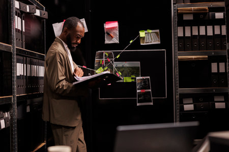 African american cop reading case file and studying detective board. Investigator analyzing police records documents, examining evidence and crime scene photos connectionの写真素材